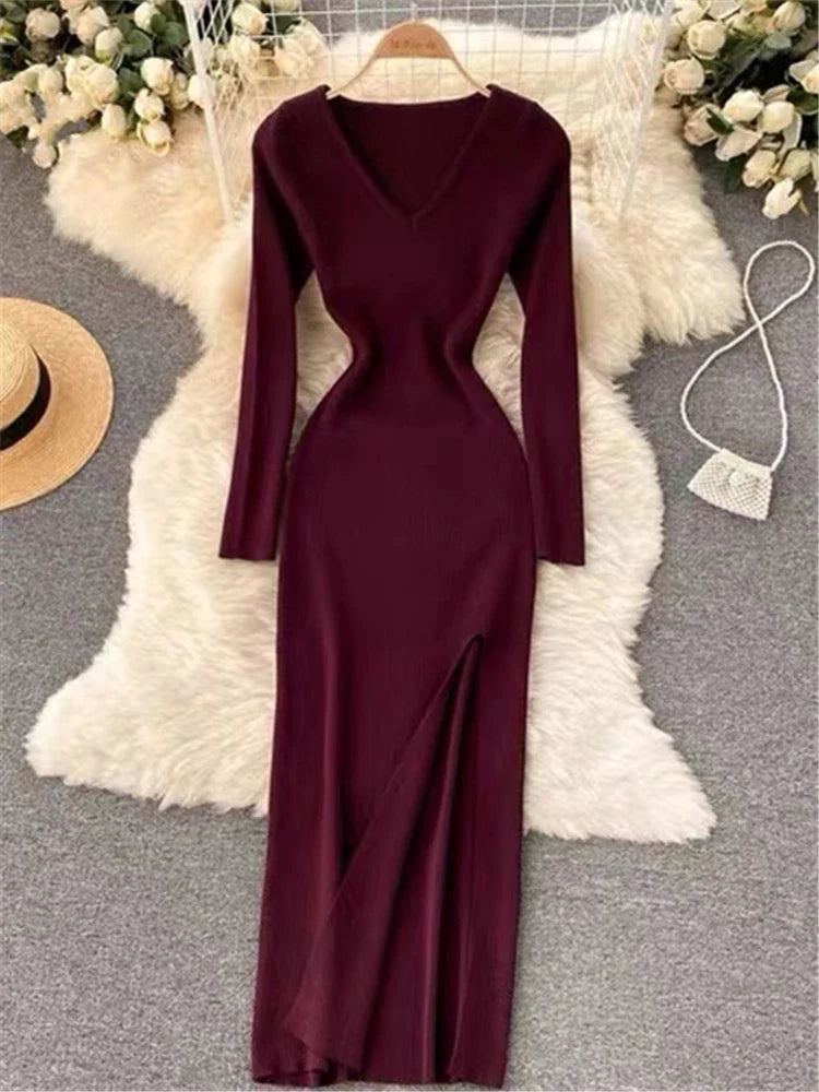 Elegant Autumn Winter French Style Slim Fit Sweater Dress with Sexy Slit and V-Neck for Women