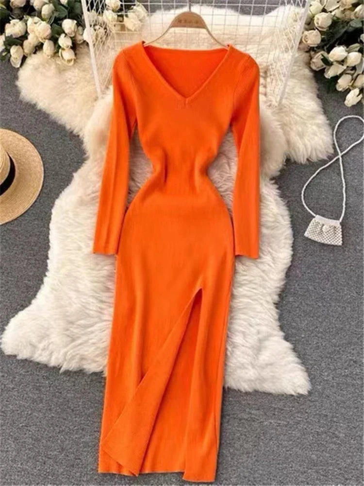 Elegant Autumn Winter French Style Slim Fit Sweater Dress with Sexy Slit and V-Neck for Women