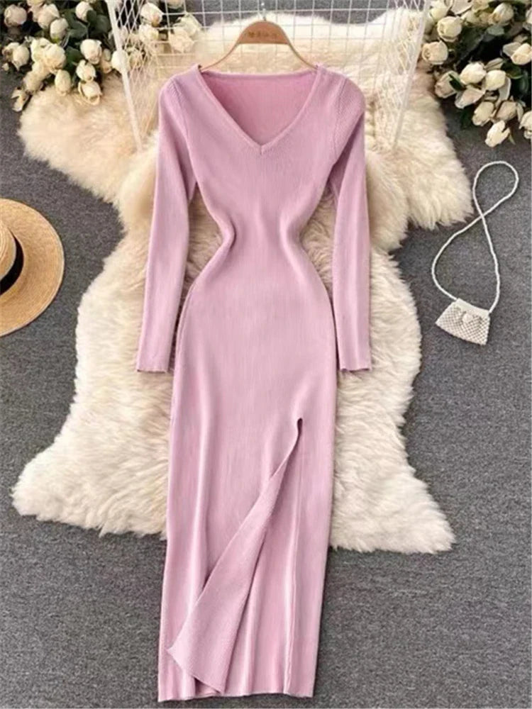 Elegant Autumn Winter French Style Slim Fit Sweater Dress with Sexy Slit and V-Neck for Women