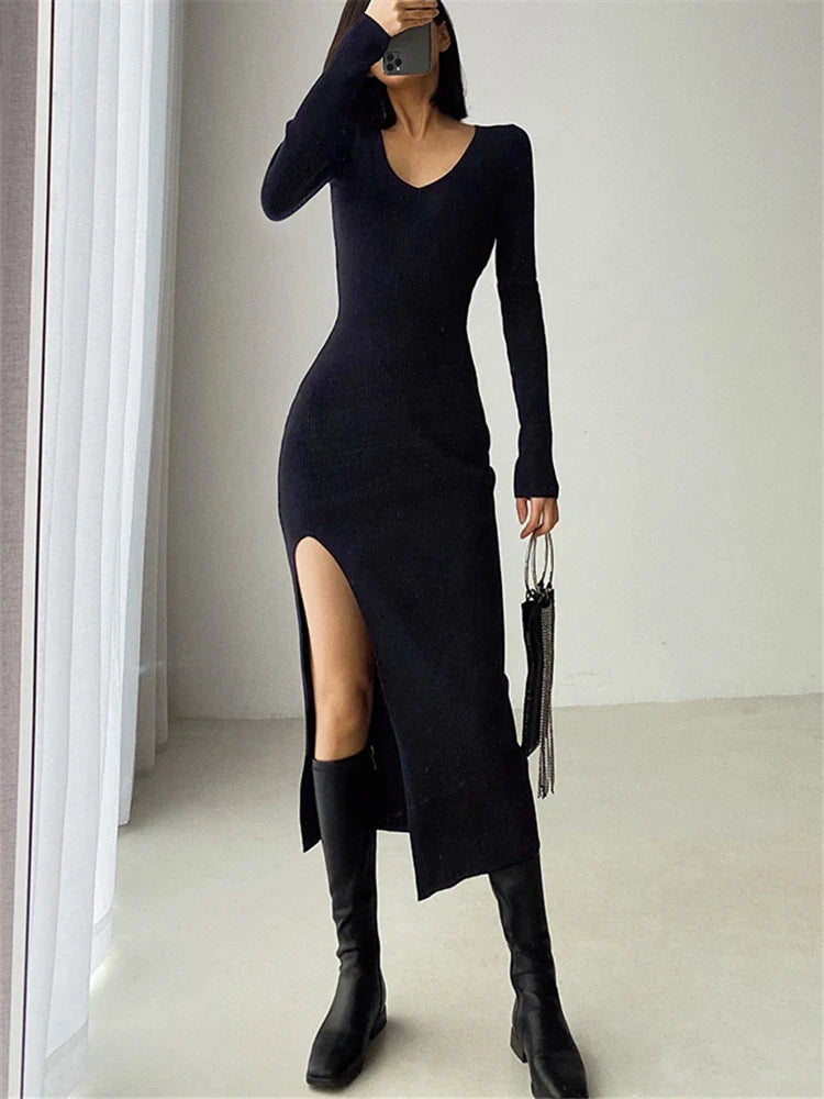 Elegant Autumn Winter French Style Slim Fit Sweater Dress with Sexy Slit and V-Neck for Women