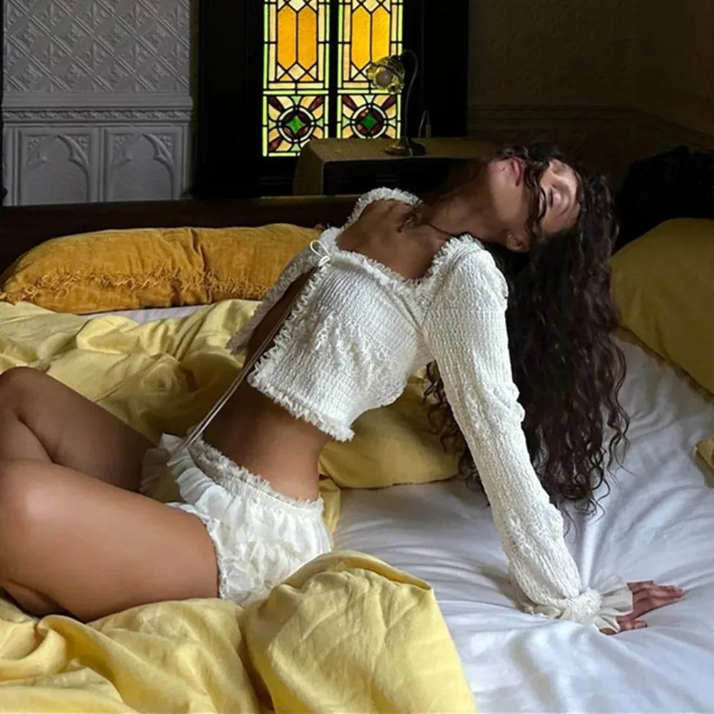 Women's Spring Knitted Square Collar Cardigan with Flared Sleeves and Sweet Ruffled Shorts Set