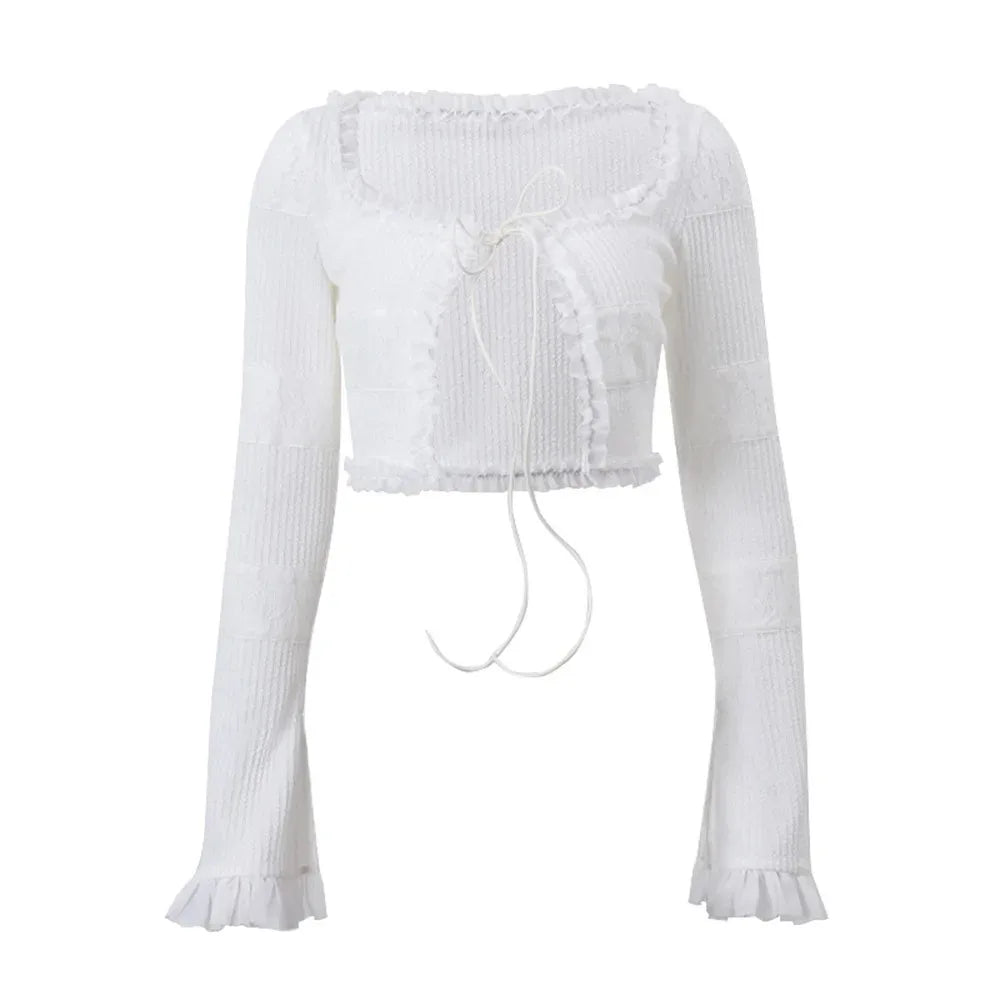 Women's Spring Knitted Square Collar Cardigan with Flared Sleeves and Sweet Ruffled Shorts Set