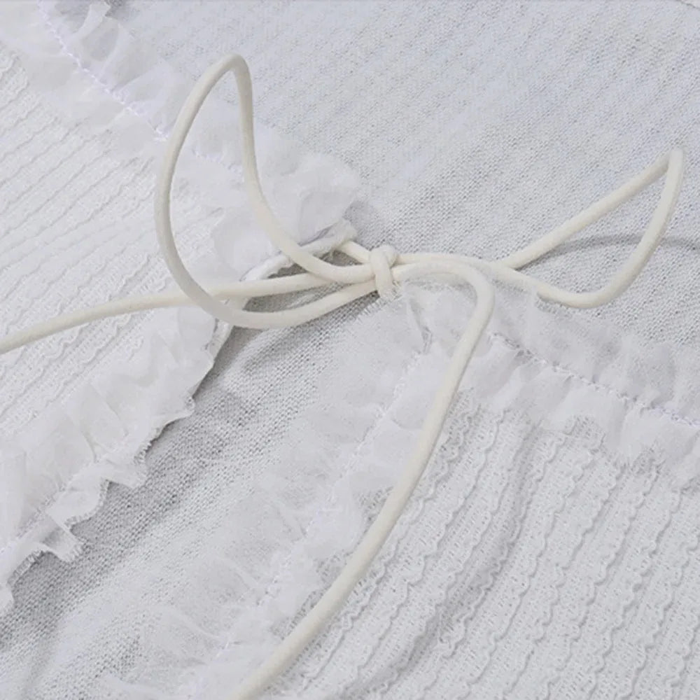 Women's Spring Knitted Square Collar Cardigan with Flared Sleeves and Sweet Ruffled Shorts Set