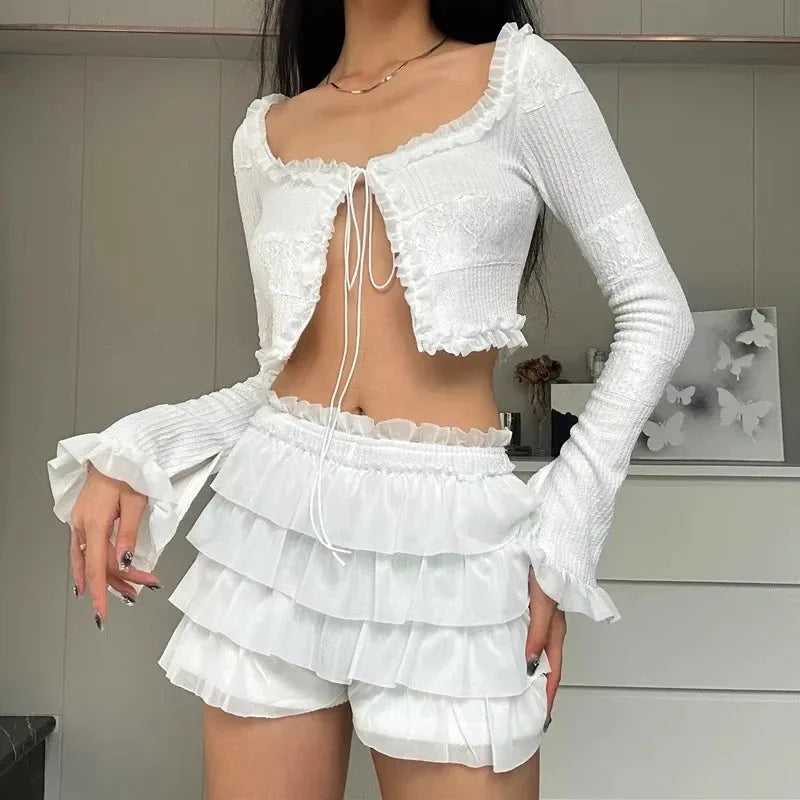 Women's Spring Knitted Square Collar Cardigan with Flared Sleeves and Sweet Ruffled Shorts Set