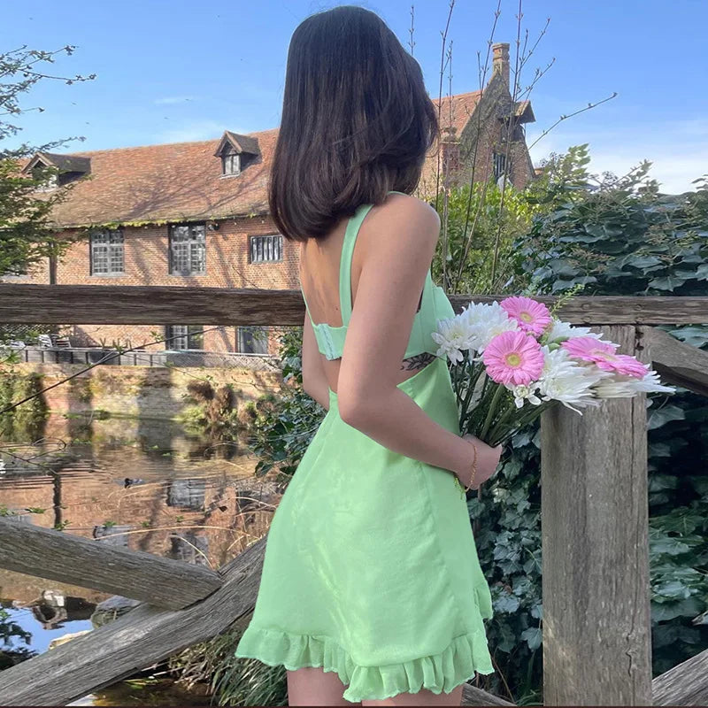 Elegant Solid Color Cutout Slim Sling Dress with Sexy Backless Design and Ruffle Details for Women