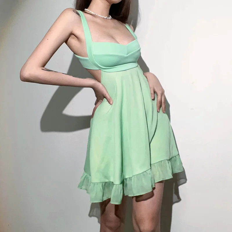 Elegant Solid Color Cutout Slim Sling Dress with Sexy Backless Design and Ruffle Details for Women