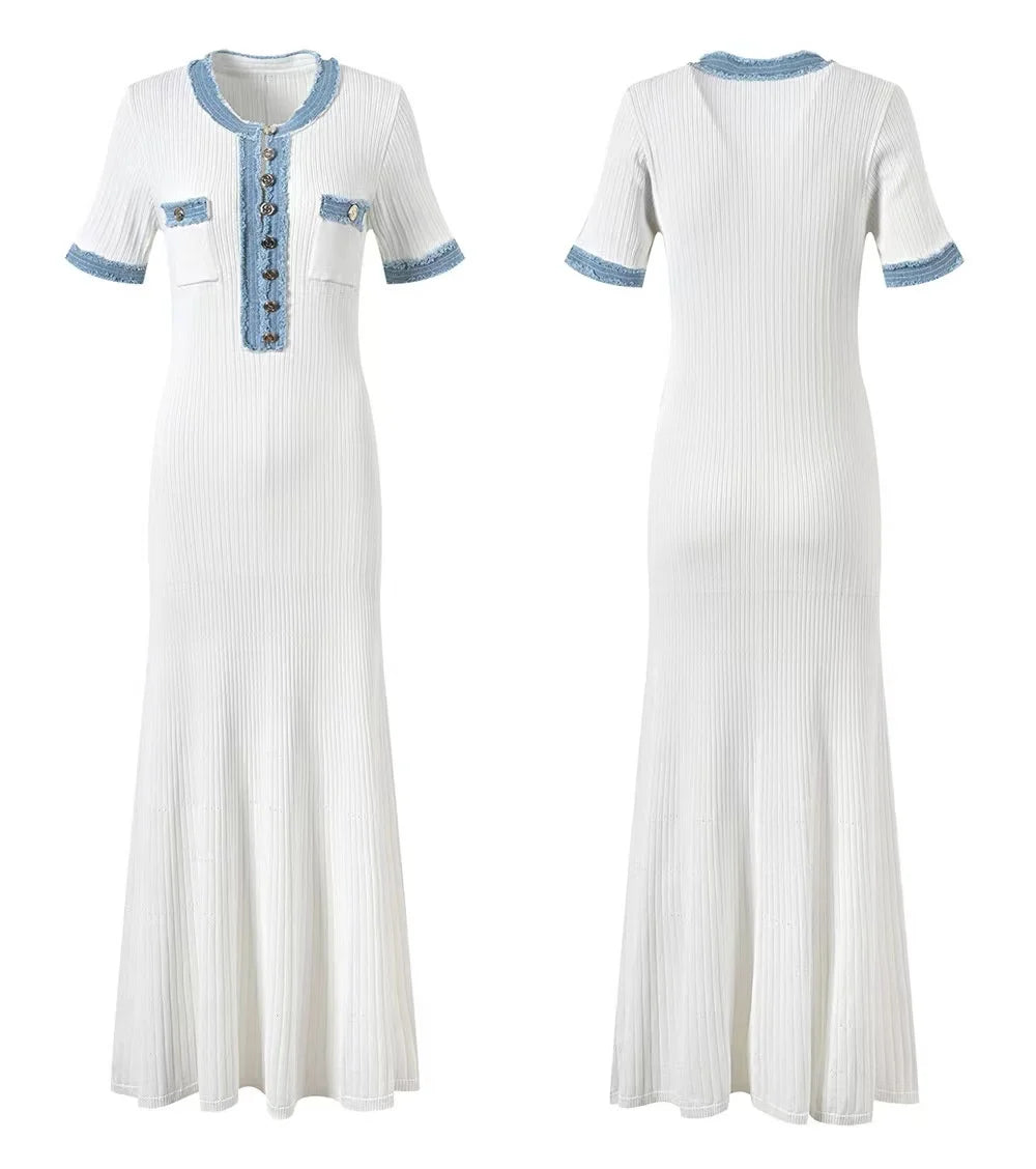 Elegant Contrasting Women Knit Maxi Dress with O-Neck Short Sleeves and Metal Button Details for Office and Casual Wear
