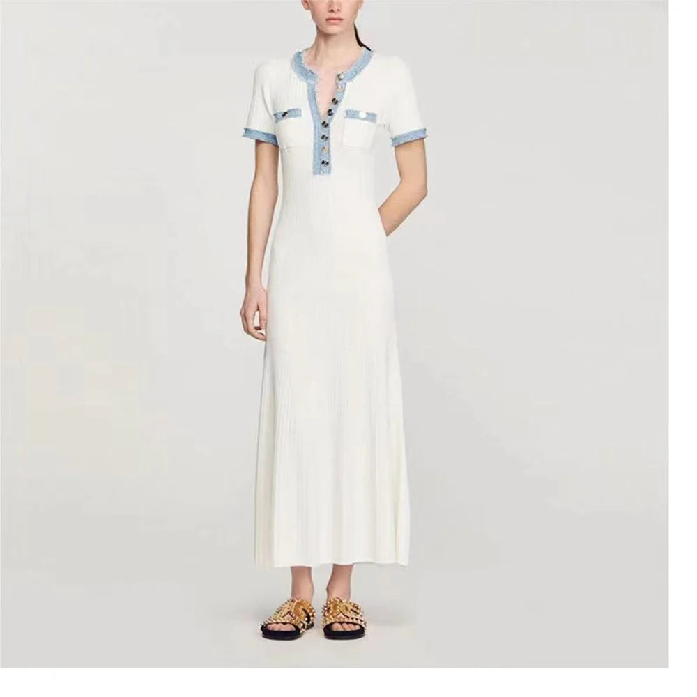 Elegant Contrasting Women Knit Maxi Dress with O-Neck Short Sleeves and Metal Button Details for Office and Casual Wear