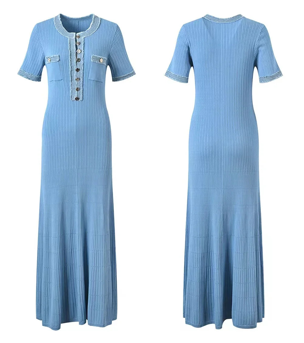 Elegant Contrasting Women Knit Maxi Dress with O-Neck Short Sleeves and Metal Button Details for Office and Casual Wear