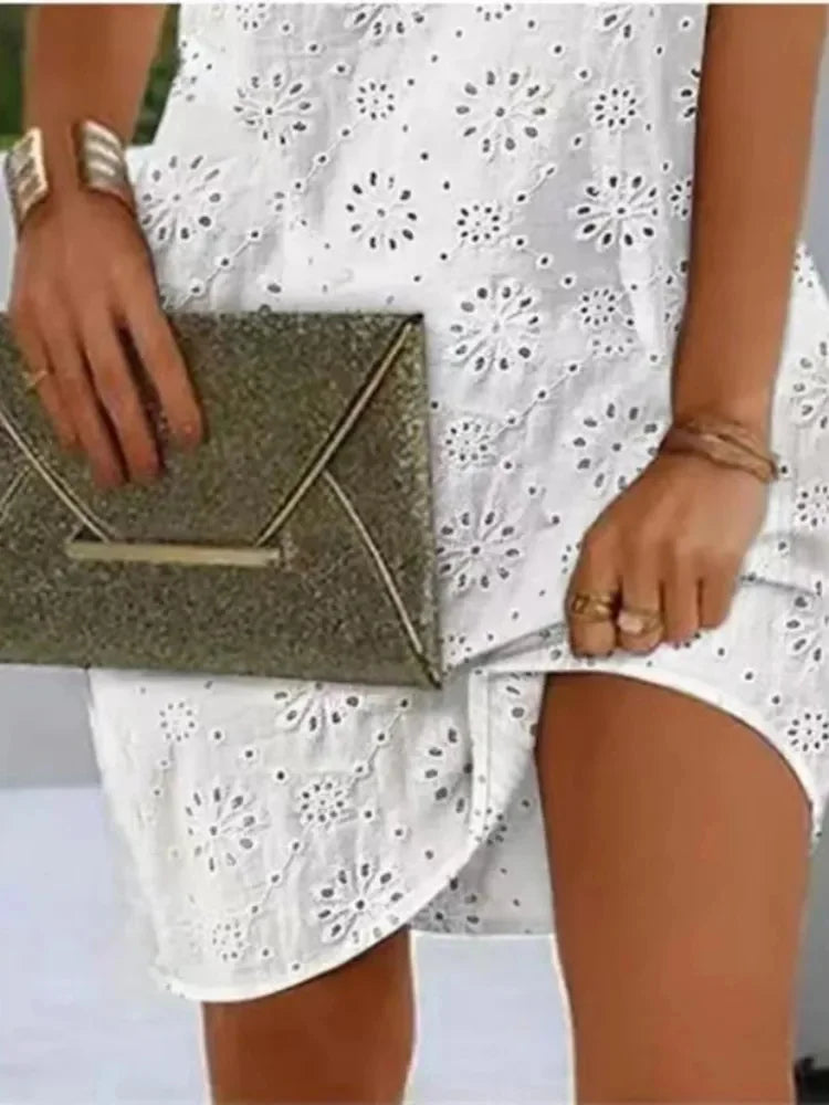 Elegant V-Neck Eyelet Embroidery Tied Detail Sleeveless Mini Dress for Summer Vacation