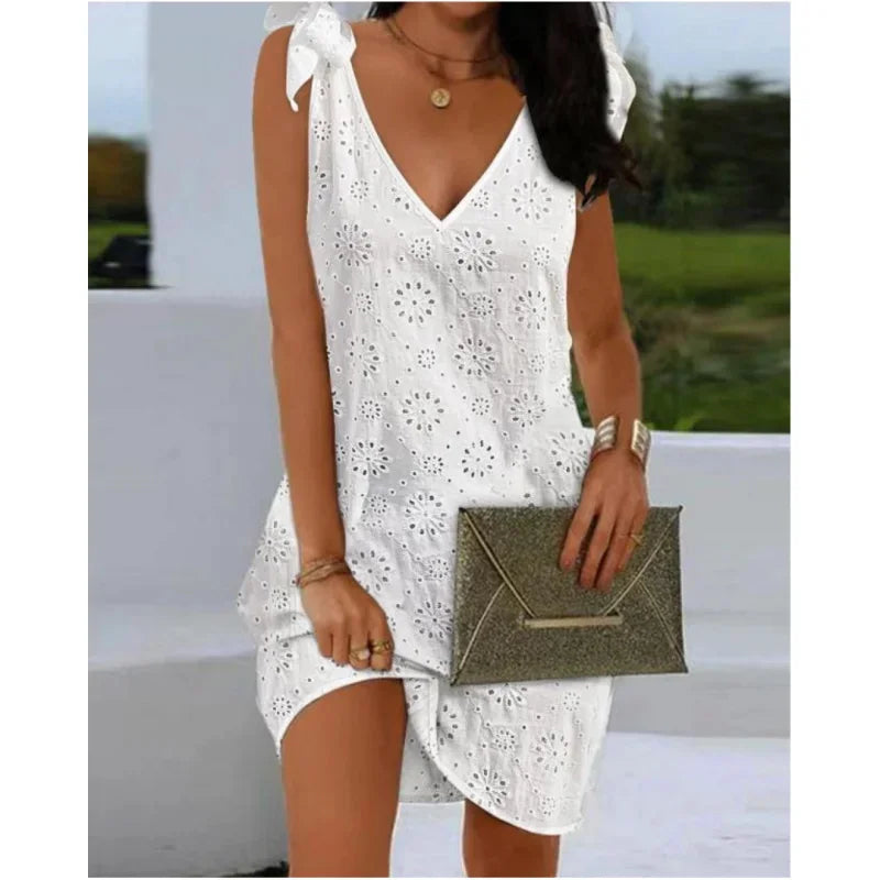 Elegant V-Neck Eyelet Embroidery Tied Detail Sleeveless Mini Dress for Summer Vacation