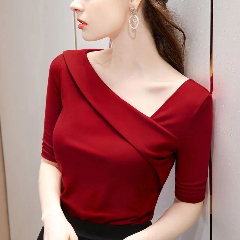 Slim Fit Women's Basic Short Sleeve T-Shirt with Skew Collar Sheath Blouse Top