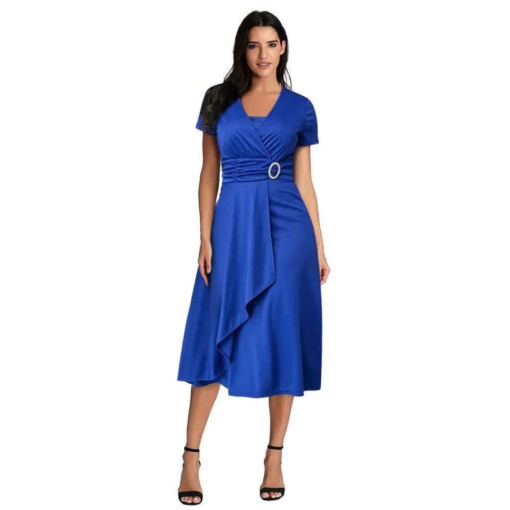 Elegant Women's Solid Color Short Sleeve V Neck Asymmetric Hem Waist Tight Midi Party Dress