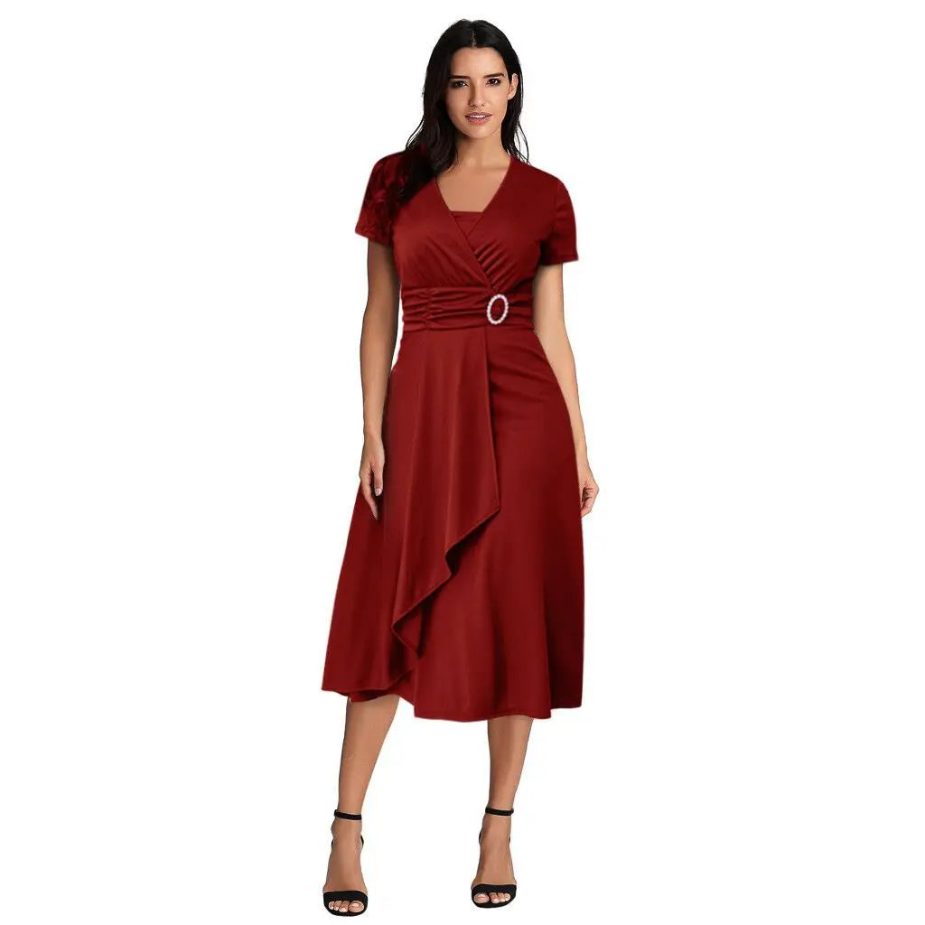Elegant Women's Solid Color Short Sleeve V Neck Asymmetric Hem Waist Tight Midi Party Dress