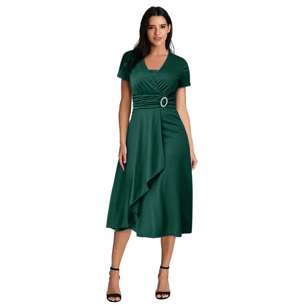 Elegant Women's Solid Color Short Sleeve V Neck Asymmetric Hem Waist Tight Midi Party Dress