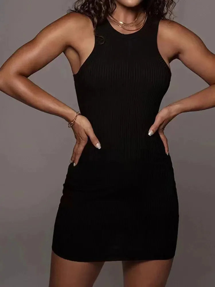 Black Ribbed Bodycon Summer Dress with Sleeveless Vest and Mini Length for Women Elegant Solid Color Fit and Flare Party Dress