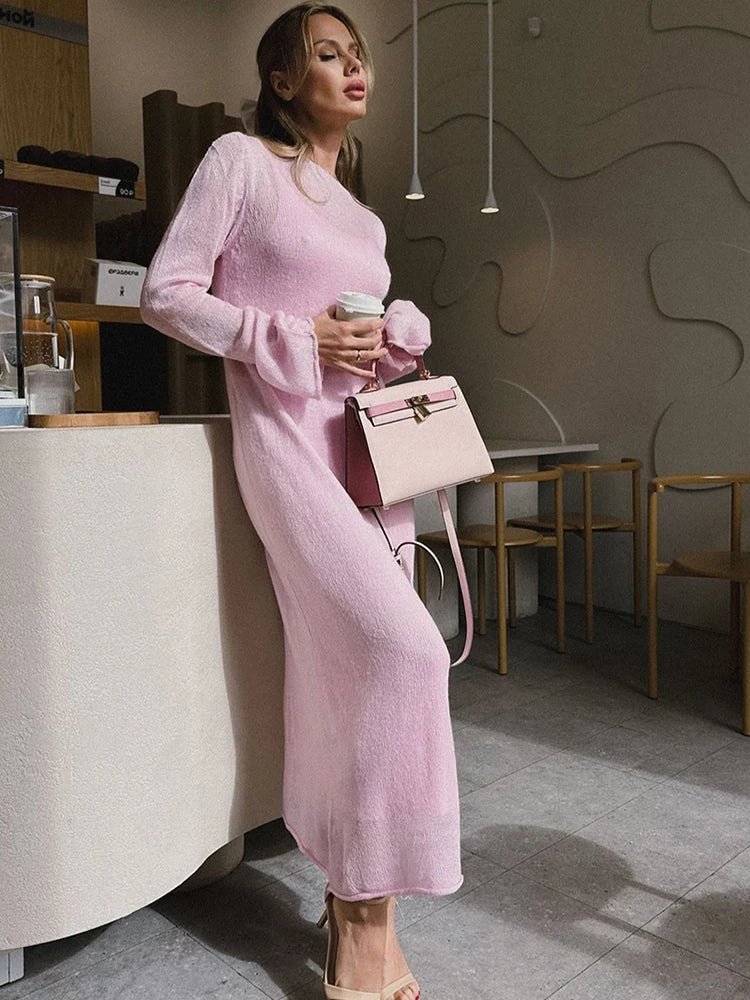Elegant Spring Autumn O-Neck Elastic Knit Long Dress for Women Soft Lady Hollowing Sweater Dress with Chic Style
