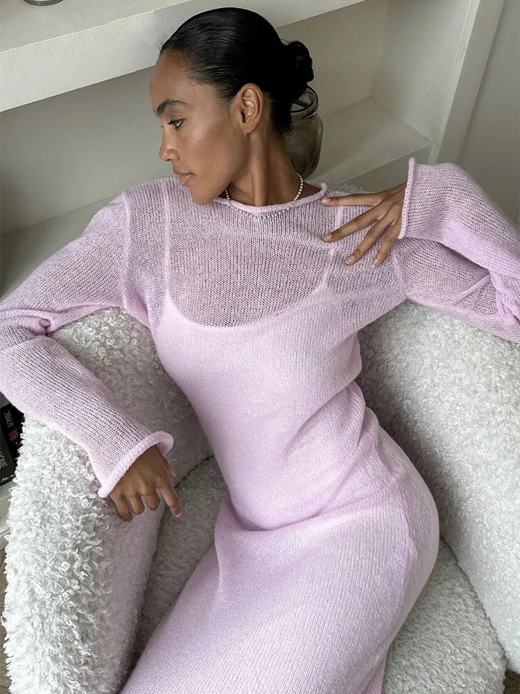 Elegant Spring Autumn O-Neck Elastic Knit Long Dress for Women Soft Lady Hollowing Sweater Dress with Chic Style