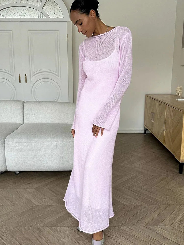 Elegant Spring Autumn O-Neck Elastic Knit Long Dress for Women Soft Lady Hollowing Sweater Dress with Chic Style