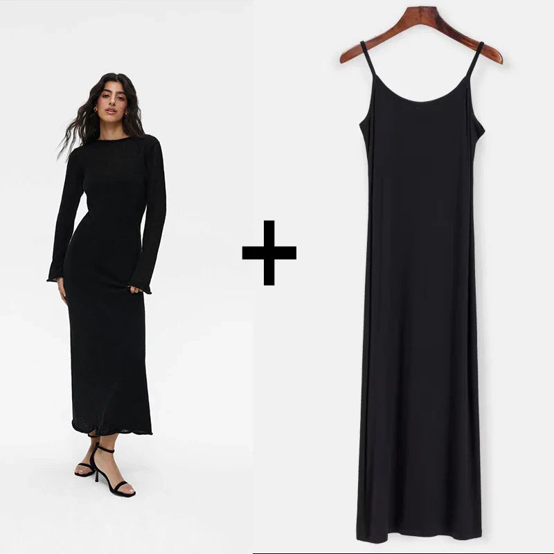 Elegant Spring Autumn O-Neck Elastic Knit Long Dress for Women Soft Lady Hollowing Sweater Dress with Chic Style