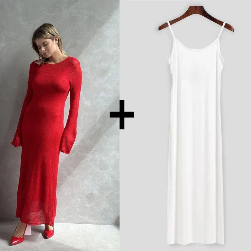 Elegant Spring Autumn O-Neck Elastic Knit Long Dress for Women Soft Lady Hollowing Sweater Dress with Chic Style