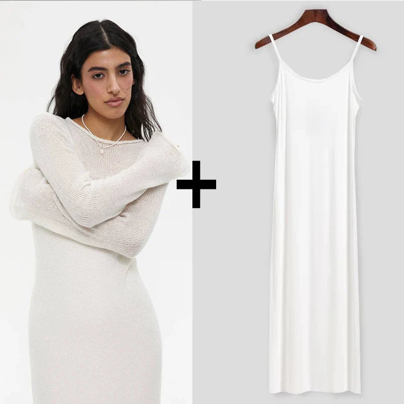 Elegant Spring Autumn O-Neck Elastic Knit Long Dress for Women Soft Lady Hollowing Sweater Dress with Chic Style