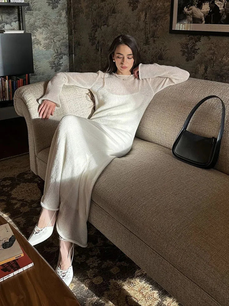 Elegant Spring Autumn O-Neck Elastic Knit Long Dress for Women Soft Lady Hollowing Sweater Dress with Chic Style