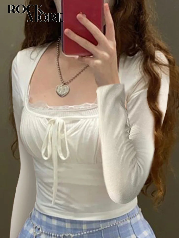 Lace Stitching Kawaii Long Sleeve T-Shirt for Women Slim Fit Casual Square Collar Basic Pullover Top for Spring and Autumn