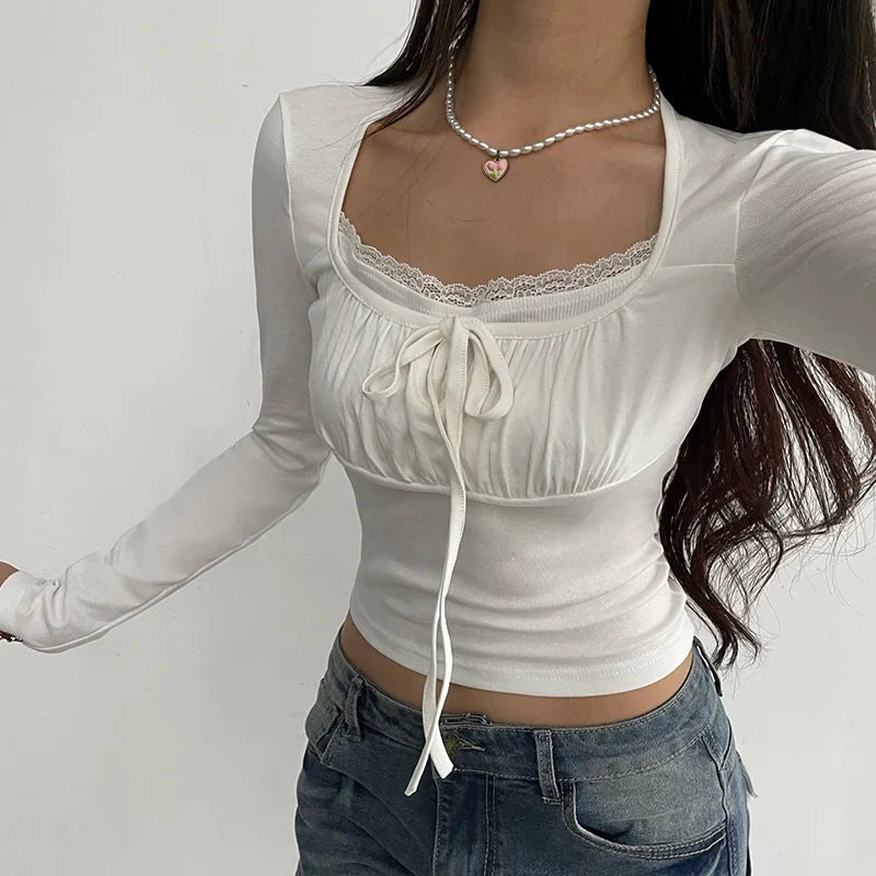 Lace Stitching Kawaii Long Sleeve T-Shirt for Women Slim Fit Casual Square Collar Basic Pullover Top for Spring and Autumn