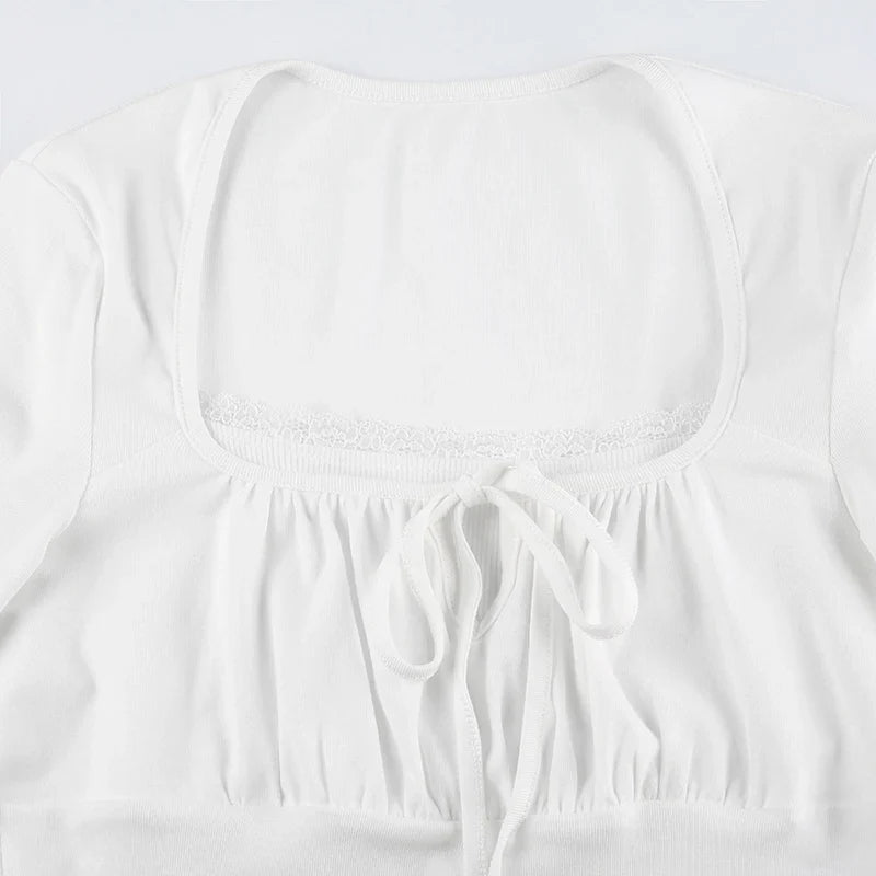 Lace Stitching Kawaii Long Sleeve T-Shirt for Women Slim Fit Casual Square Collar Basic Pullover Top for Spring and Autumn