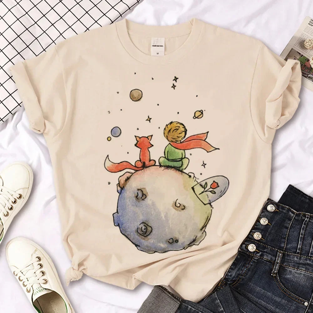 Women's Cartoon Little Prince Graphic T-Shirt Soft Cotton O-Neck Short Sleeve Casual Tee