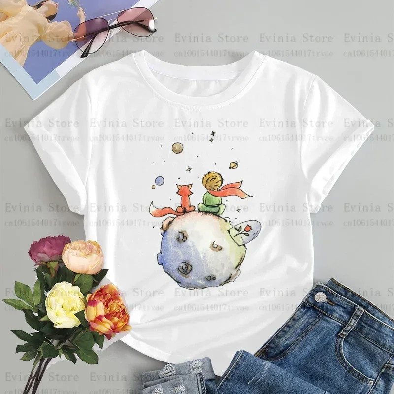 Women's Cartoon Little Prince Graphic T-Shirt Soft Cotton O-Neck Short Sleeve Casual Tee