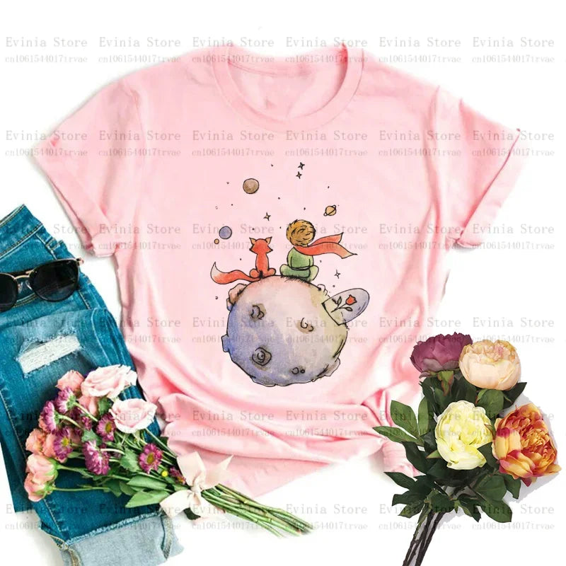Women's Cartoon Little Prince Graphic T-Shirt Soft Cotton O-Neck Short Sleeve Casual Tee