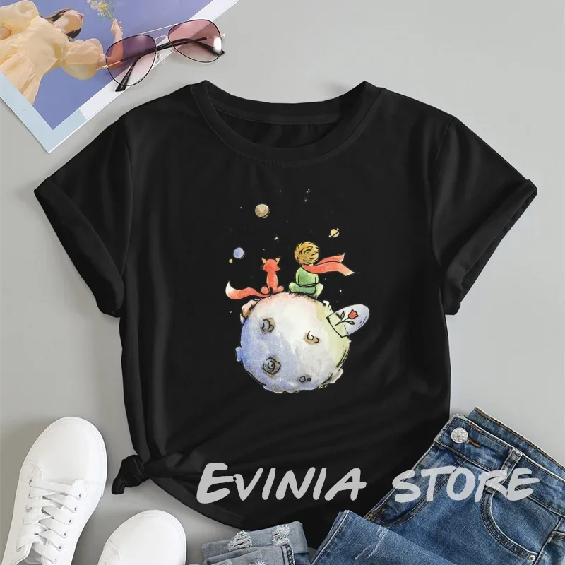 Women's Cartoon Little Prince Graphic T-Shirt Soft Cotton O-Neck Short Sleeve Casual Tee