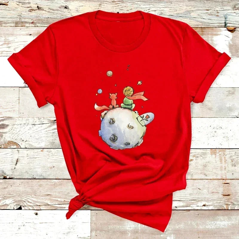 Women's Cartoon Little Prince Graphic T-Shirt Soft Cotton O-Neck Short Sleeve Casual Tee