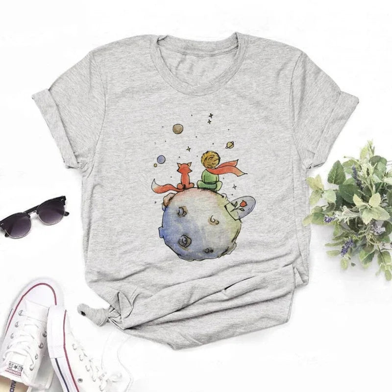 Women's Cartoon Little Prince Graphic T-Shirt Soft Cotton O-Neck Short Sleeve Casual Tee