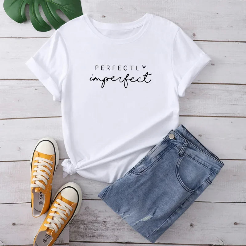 Perfectly Imperfect Letter Print Black Short Sleeve T-Shirt for Women Casual Harajuku Style Summer Streetwear Girl Top