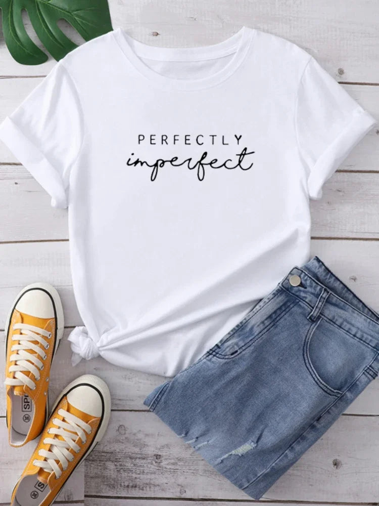Perfectly Imperfect Letter Print Black Short Sleeve T-Shirt for Women Casual Harajuku Style Summer Streetwear Girl Top