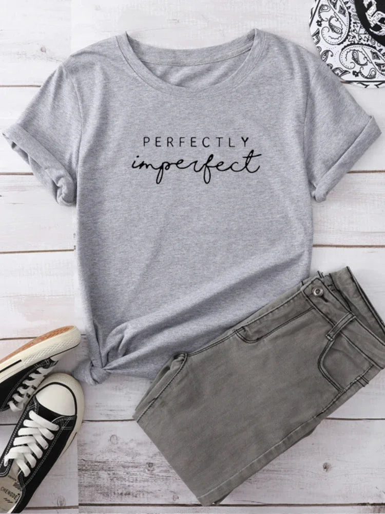 Perfectly Imperfect Letter Print Black Short Sleeve T-Shirt for Women Casual Harajuku Style Summer Streetwear Girl Top