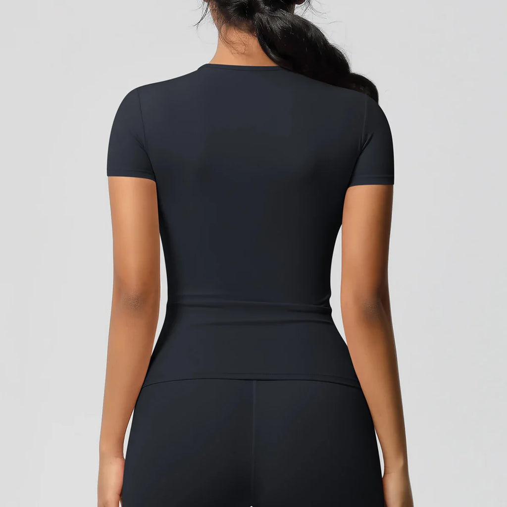 Women Running Sports T Shirt Summer Short Sleeve Breathable Stretchy Round Neck Gym Yoga Slim Fitness Active Top