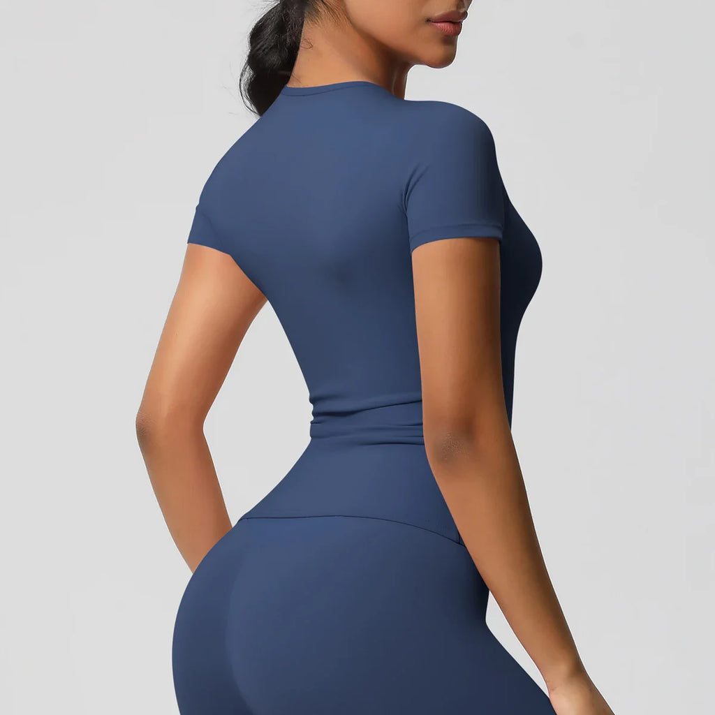 Women Running Sports T Shirt Summer Short Sleeve Breathable Stretchy Round Neck Gym Yoga Slim Fitness Active Top