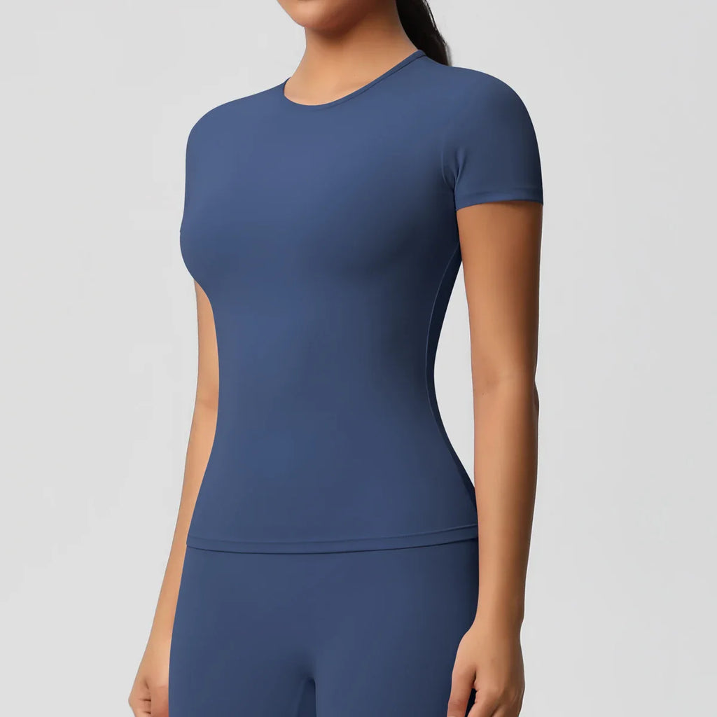 Women Running Sports T Shirt Summer Short Sleeve Breathable Stretchy Round Neck Gym Yoga Slim Fitness Active Top