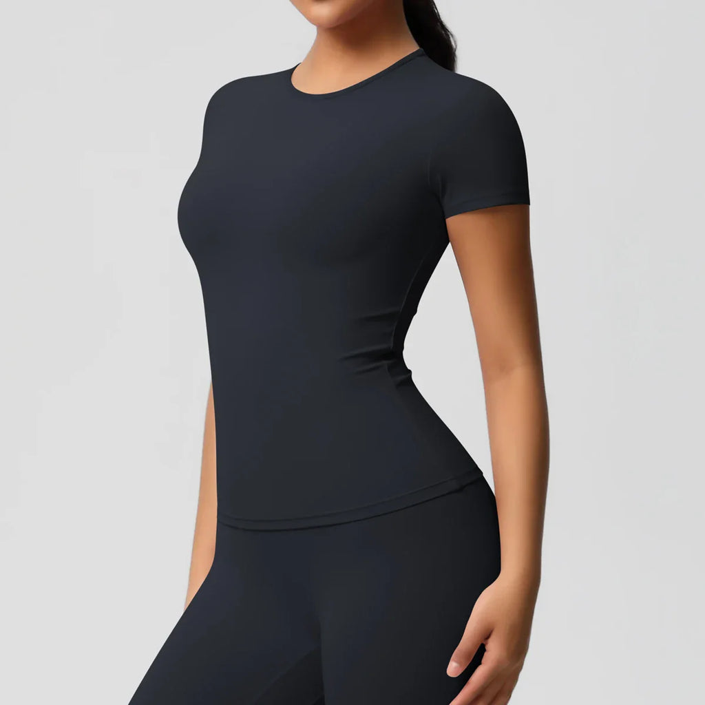 Women Running Sports T Shirt Summer Short Sleeve Breathable Stretchy Round Neck Gym Yoga Slim Fitness Active Top