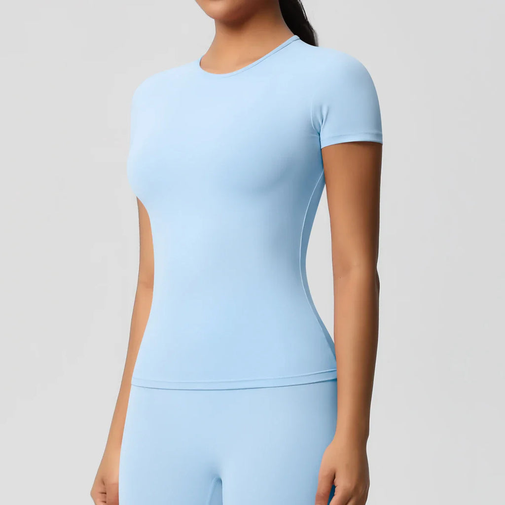 Women Running Sports T Shirt Summer Short Sleeve Breathable Stretchy Round Neck Gym Yoga Slim Fitness Active Top