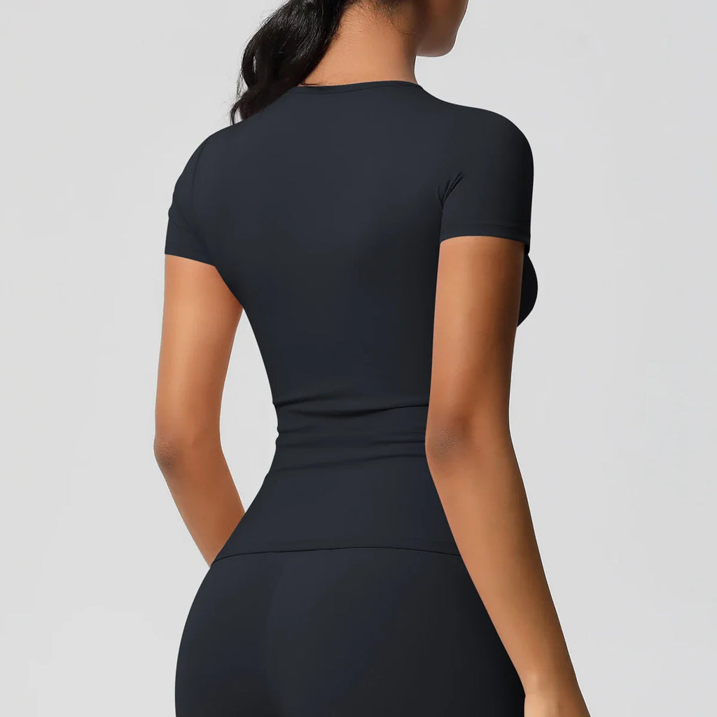 Women Running Sports T Shirt Summer Short Sleeve Breathable Stretchy Round Neck Gym Yoga Slim Fitness Active Top