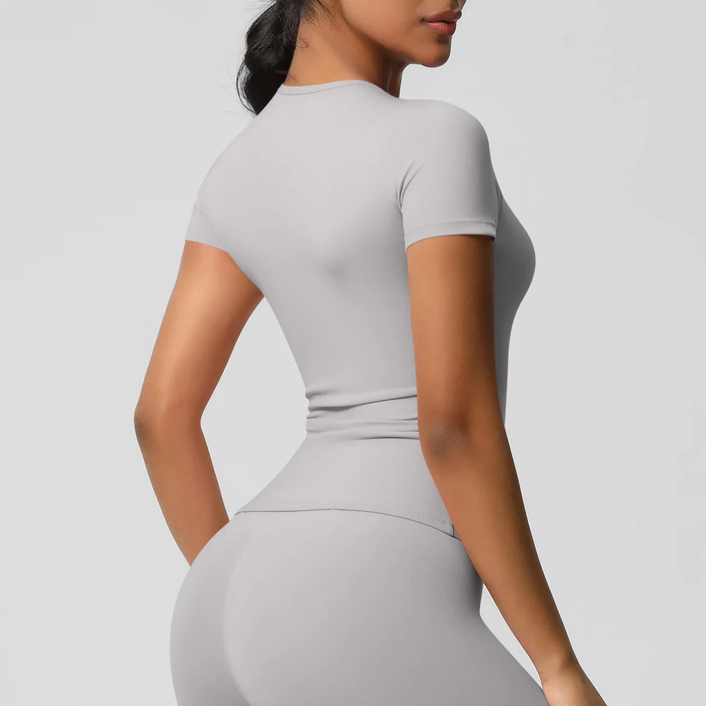 Women Running Sports T Shirt Summer Short Sleeve Breathable Stretchy Round Neck Gym Yoga Slim Fitness Active Top