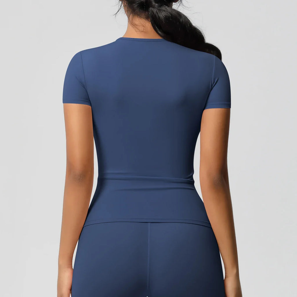 Women Running Sports T Shirt Summer Short Sleeve Breathable Stretchy Round Neck Gym Yoga Slim Fitness Active Top