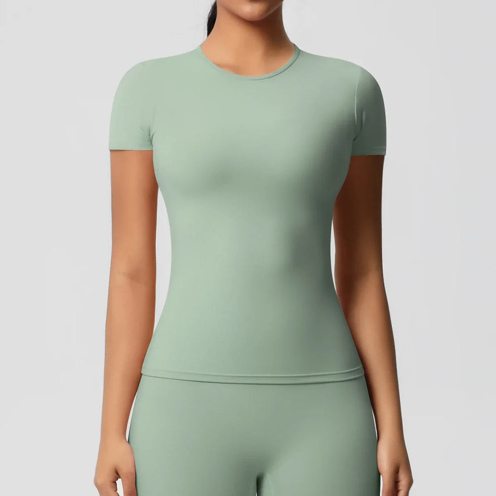 Women Running Sports T Shirt Summer Short Sleeve Breathable Stretchy Round Neck Gym Yoga Slim Fitness Active Top