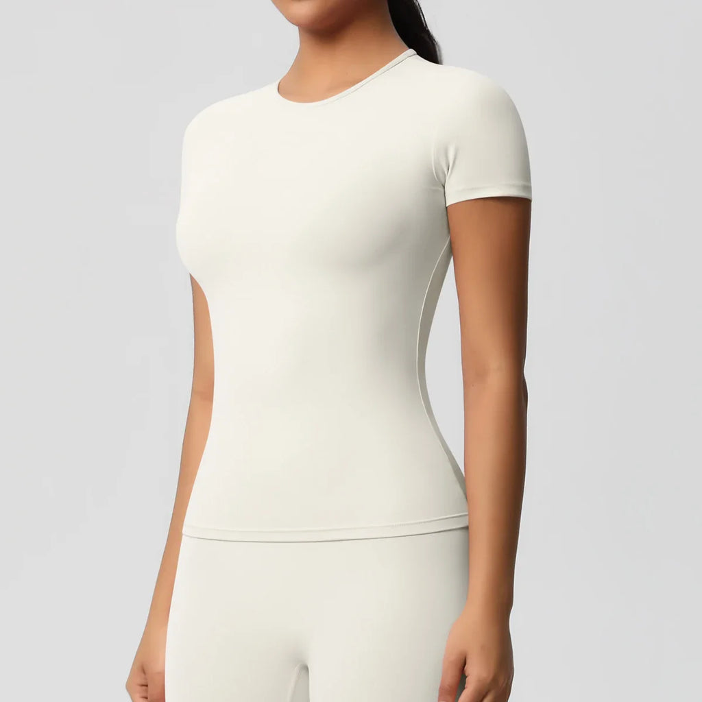 Women Running Sports T Shirt Summer Short Sleeve Breathable Stretchy Round Neck Gym Yoga Slim Fitness Active Top