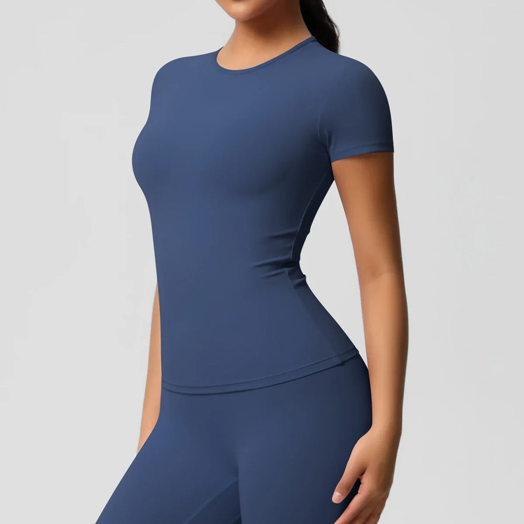 Women Running Sports T Shirt Summer Short Sleeve Breathable Stretchy Round Neck Gym Yoga Slim Fitness Active Top